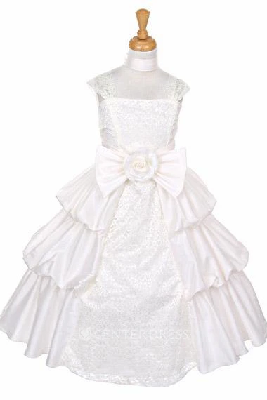 Ankle-Length Bowed Floral Lace&Taffeta Flower Girl Dress With Sash