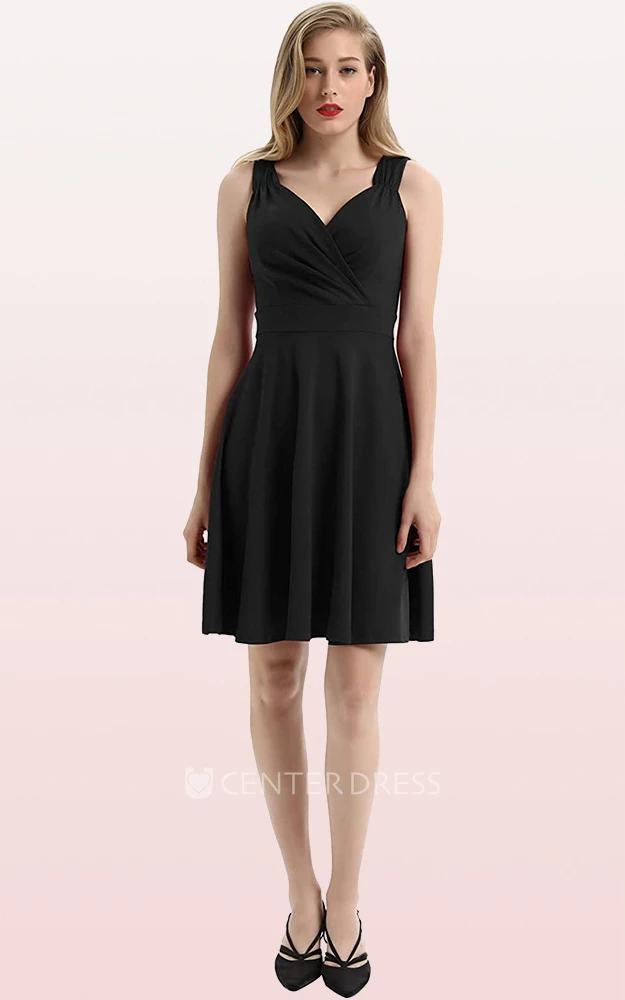Casual Sleeveless A Line Jersey V-neck Prom Cocktail Dress With Ruffles