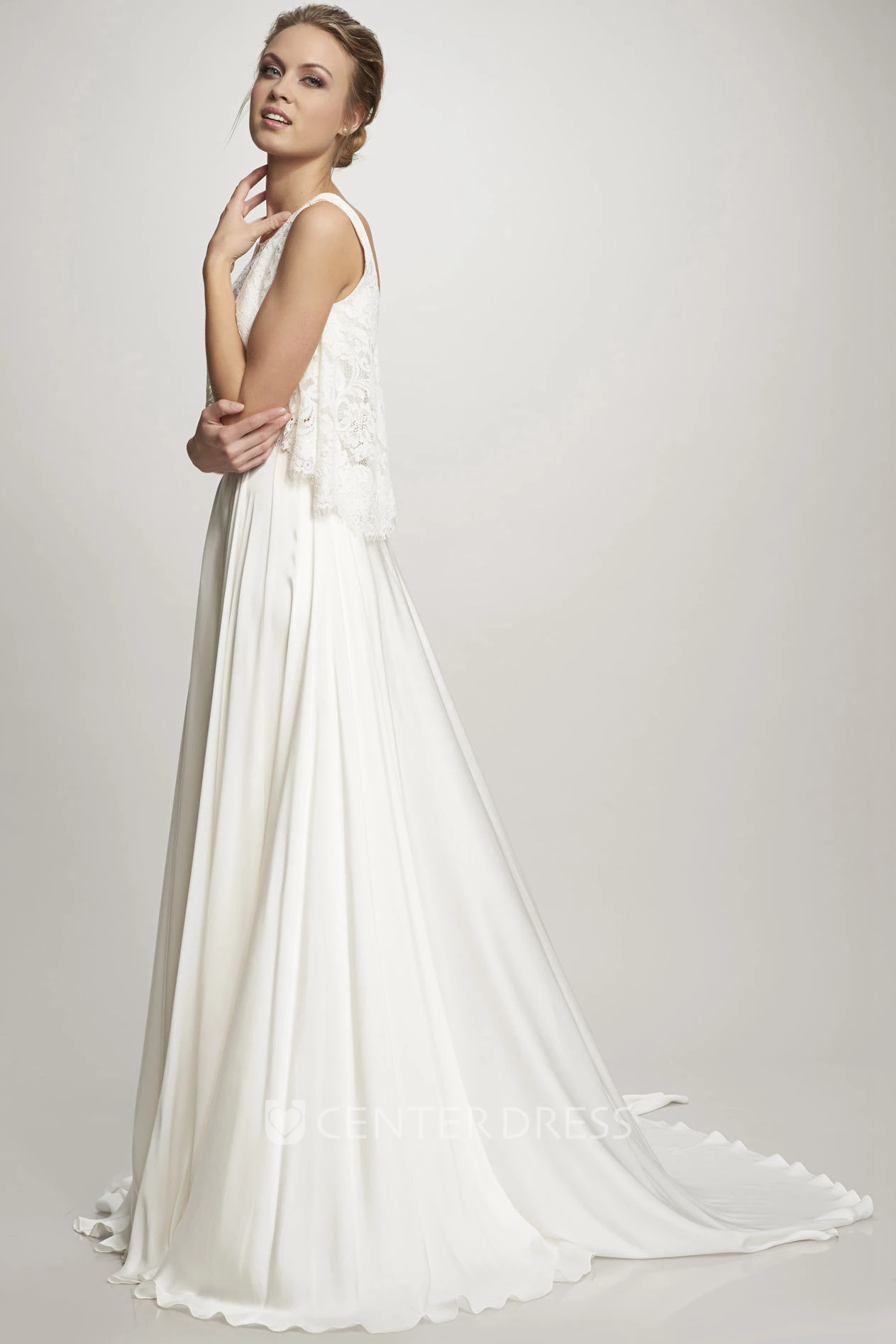 Pleated High Neck Sleeveless Chiffon Wedding Dress