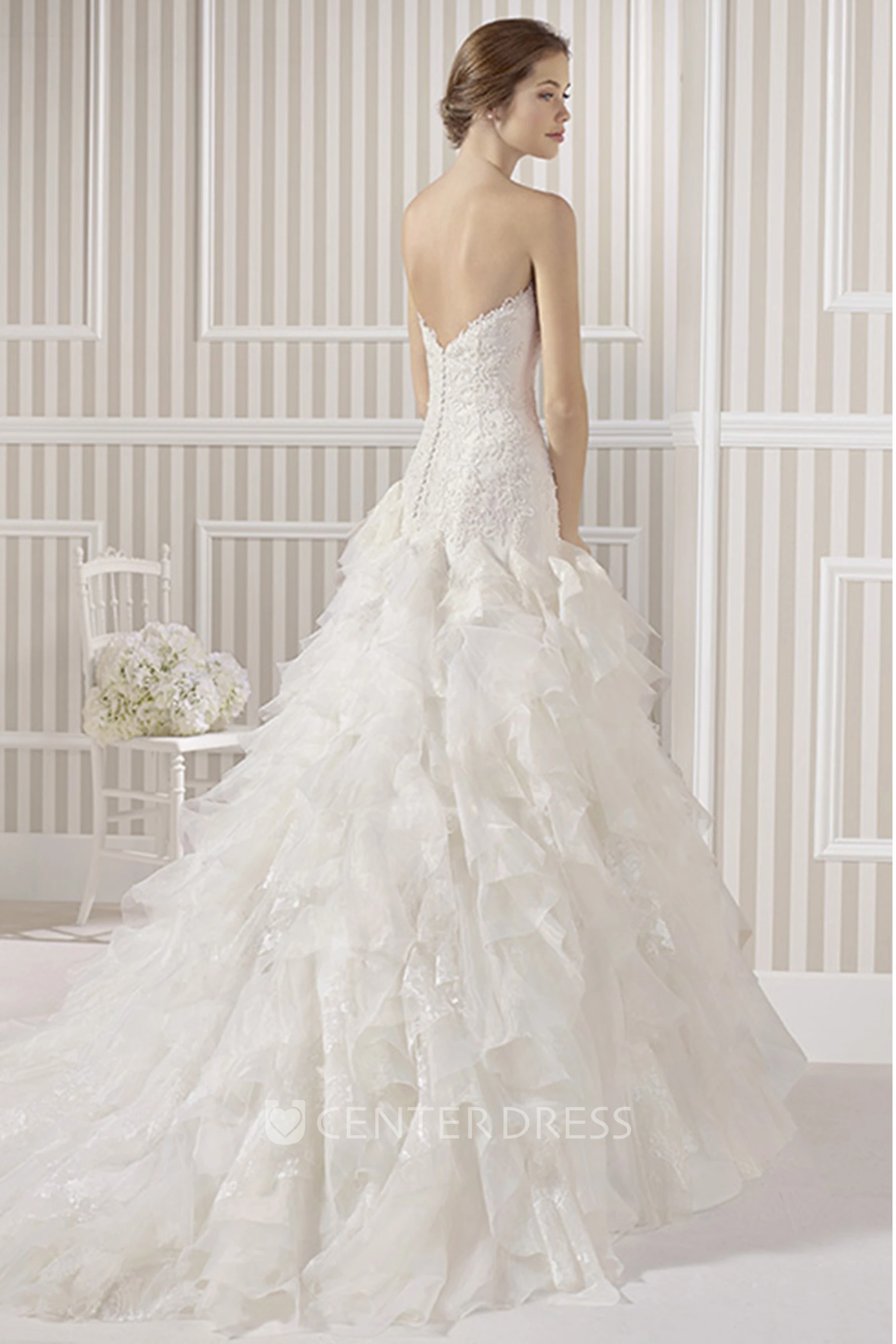 A-Line Long Sweetheart Beaded Organza Wedding Dress With Cascading Ruffles And Appliques