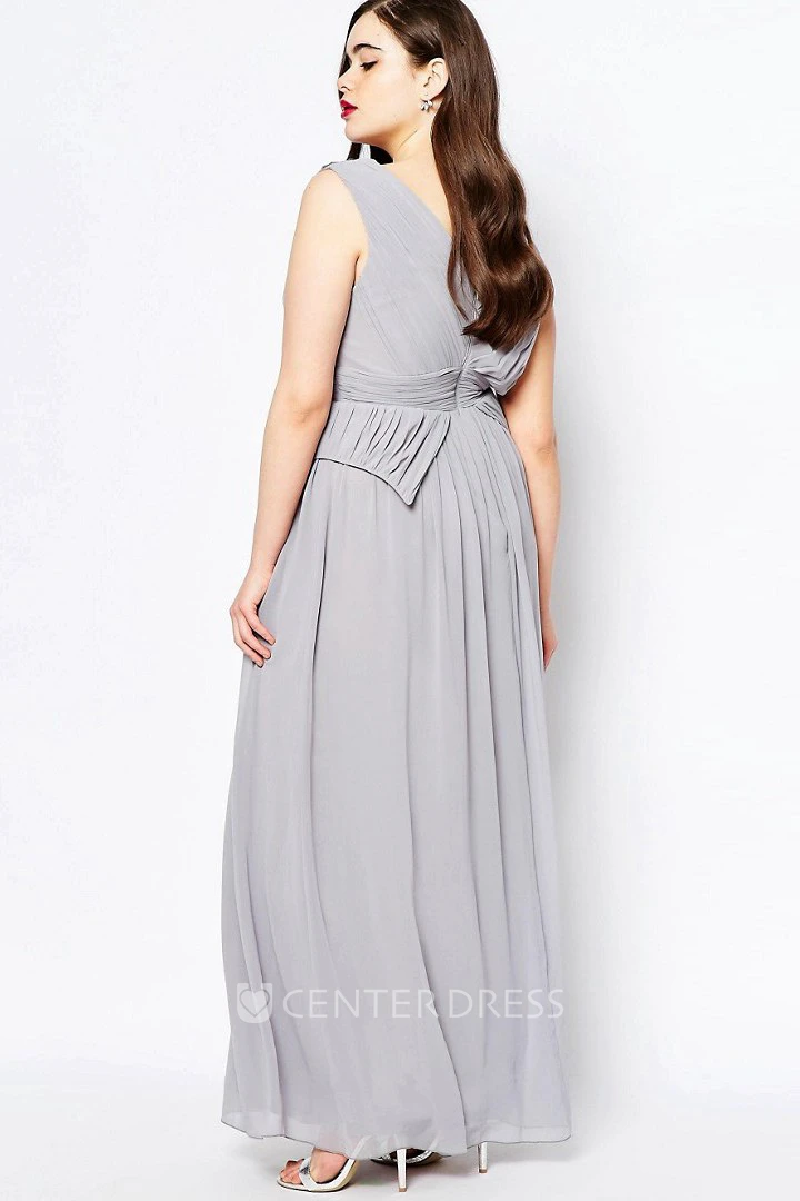 A-Line V-Neck Long Beaded Sleeveless Chiffon Bridesmaid Dress With Ruching