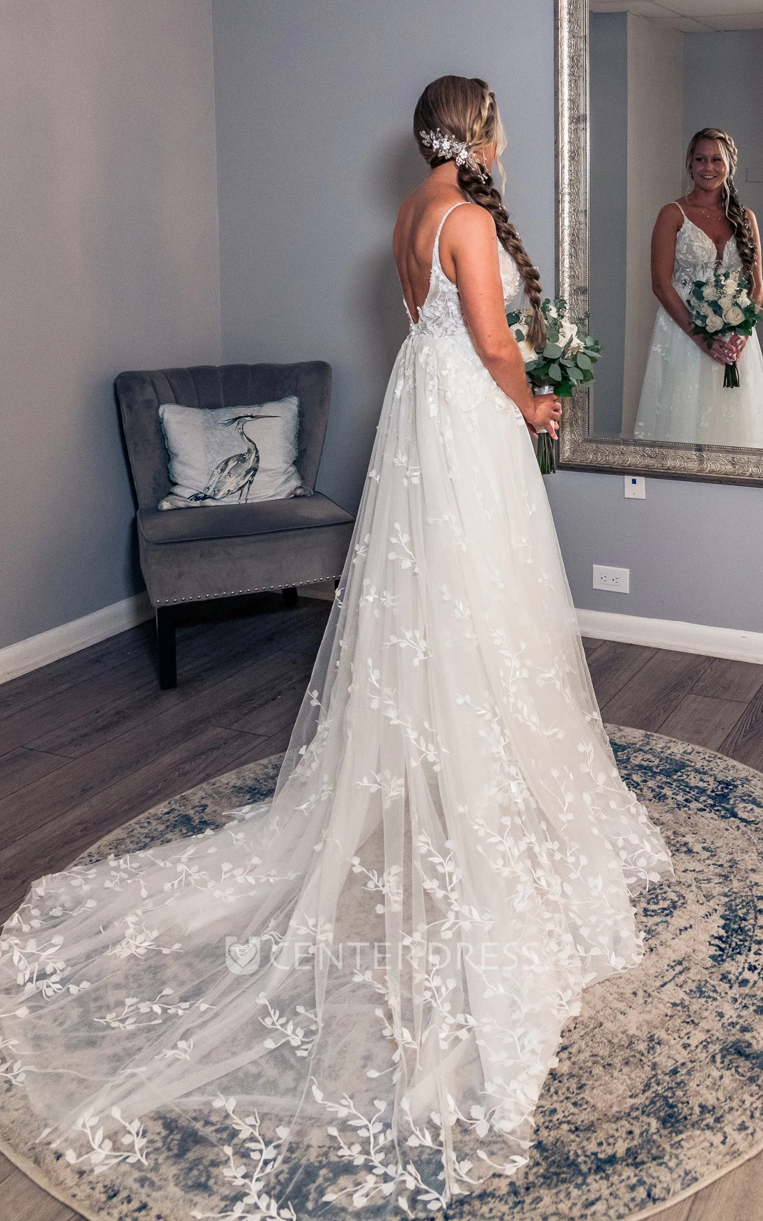 Spaghetti Mesh A-line Wedding Gown Sexy Open Back Deep-V Adorable Flower Applique With Tulle Trailing
