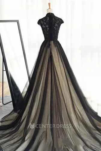 Short Sleeve A-Line High Neck Lace Tulle Floor-length Court Train Wedding Dress with Appliques and Pleats
