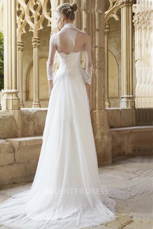 Sheath Strapless Long-Sleeve Pleated Chiffon Wedding Dress With Cape