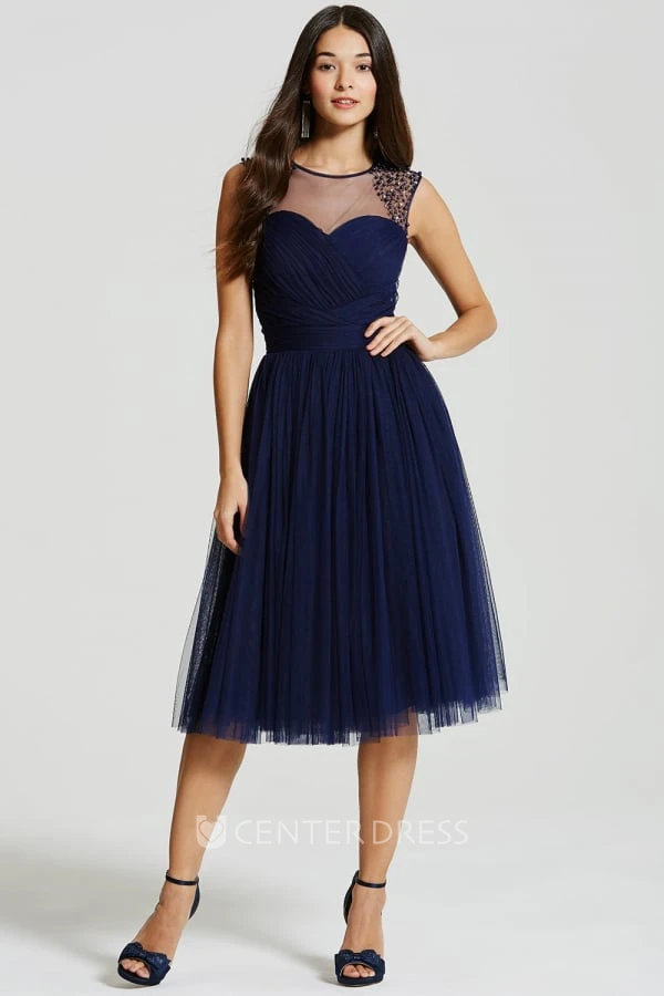 Tea-Length Beaded Scoop Neck Sleeveless Tulle Bridesmaid Dress