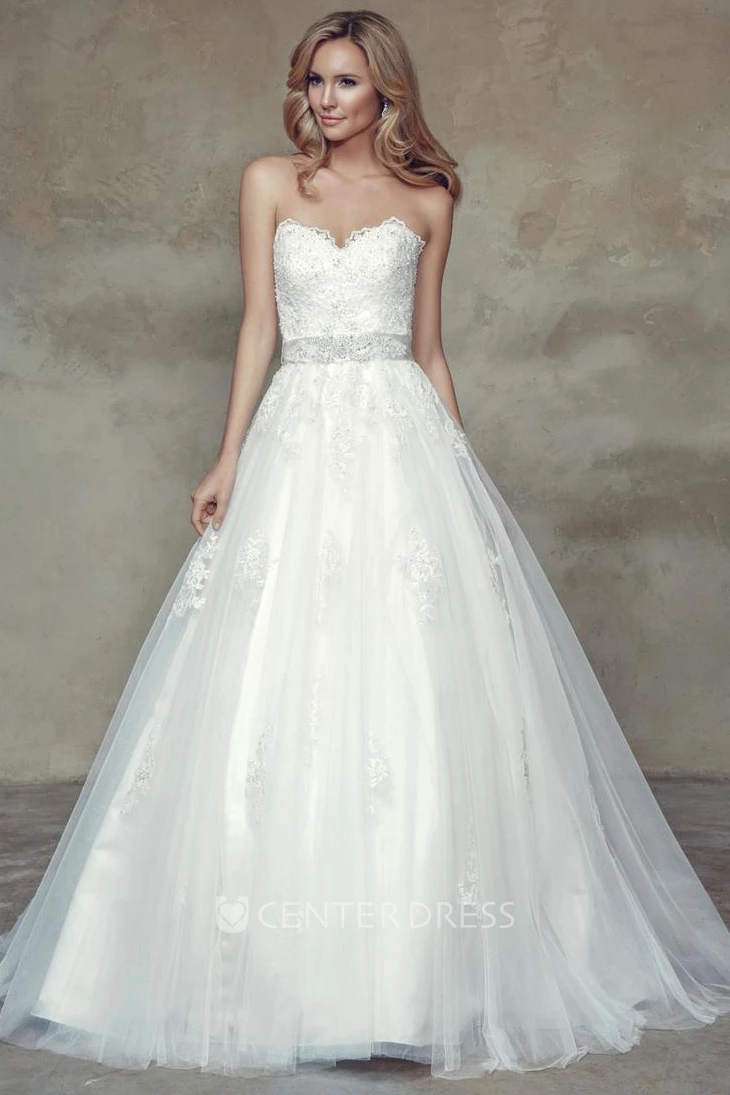 Ball Gown Jeweled Sweetheart Tulle Wedding Dress With Bow