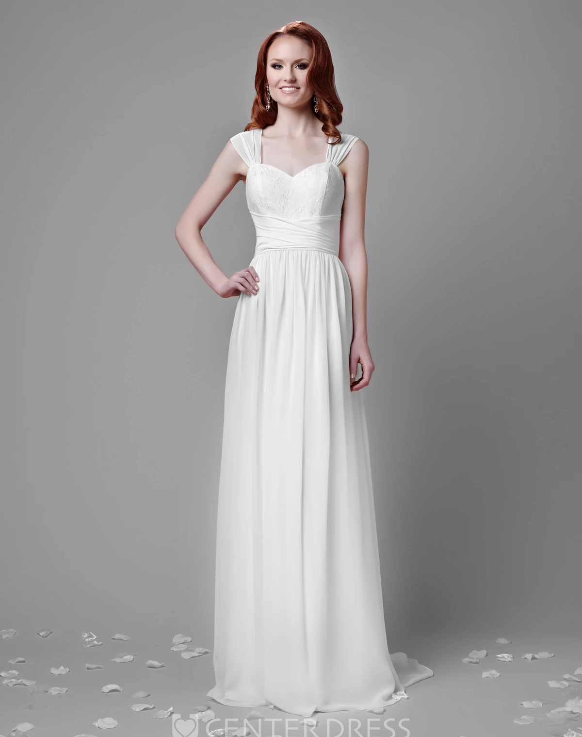 Pleated A-Line Chiffon Wedding Dress With Lace Bust And Cinched Waistband
