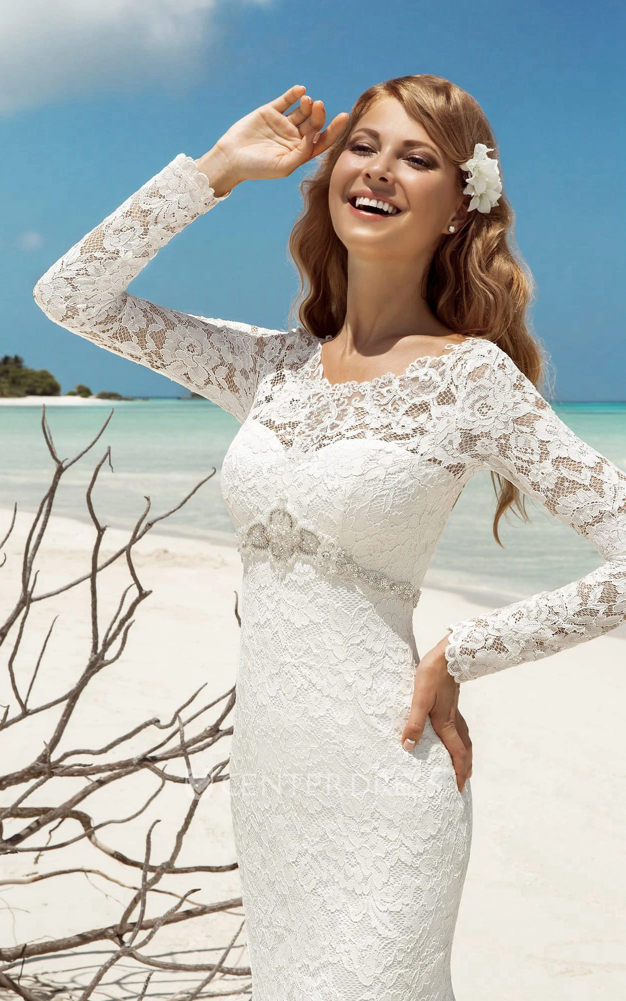 Mermaid Long Scoop-Neck T-Shirt-Sleeve Lace-Up Lace Dress With Beaded And Keyhole