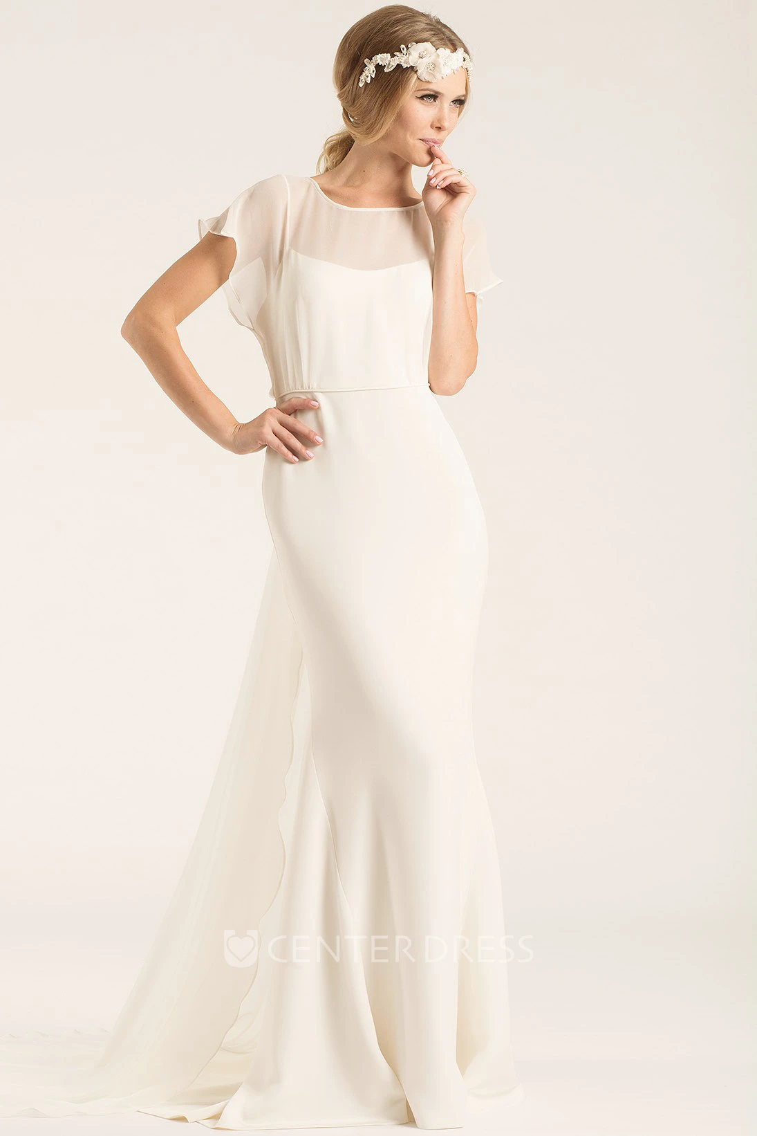 Scoop Long Poet-Sleeve Chiffon Wedding Dress With Court Train And V Back