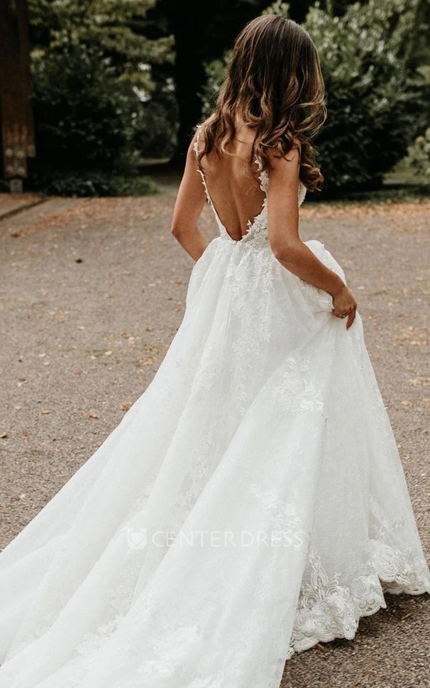 Romantic Lace V-neck Floor-length Court Train Sleeveless A Line Wedding Dress with Appliques