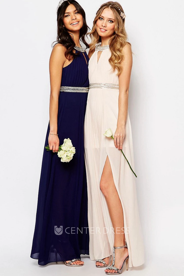 Ankle-Length Scoop Neck Split-Front Sleeveless Chiffon Bridesmaid Dress