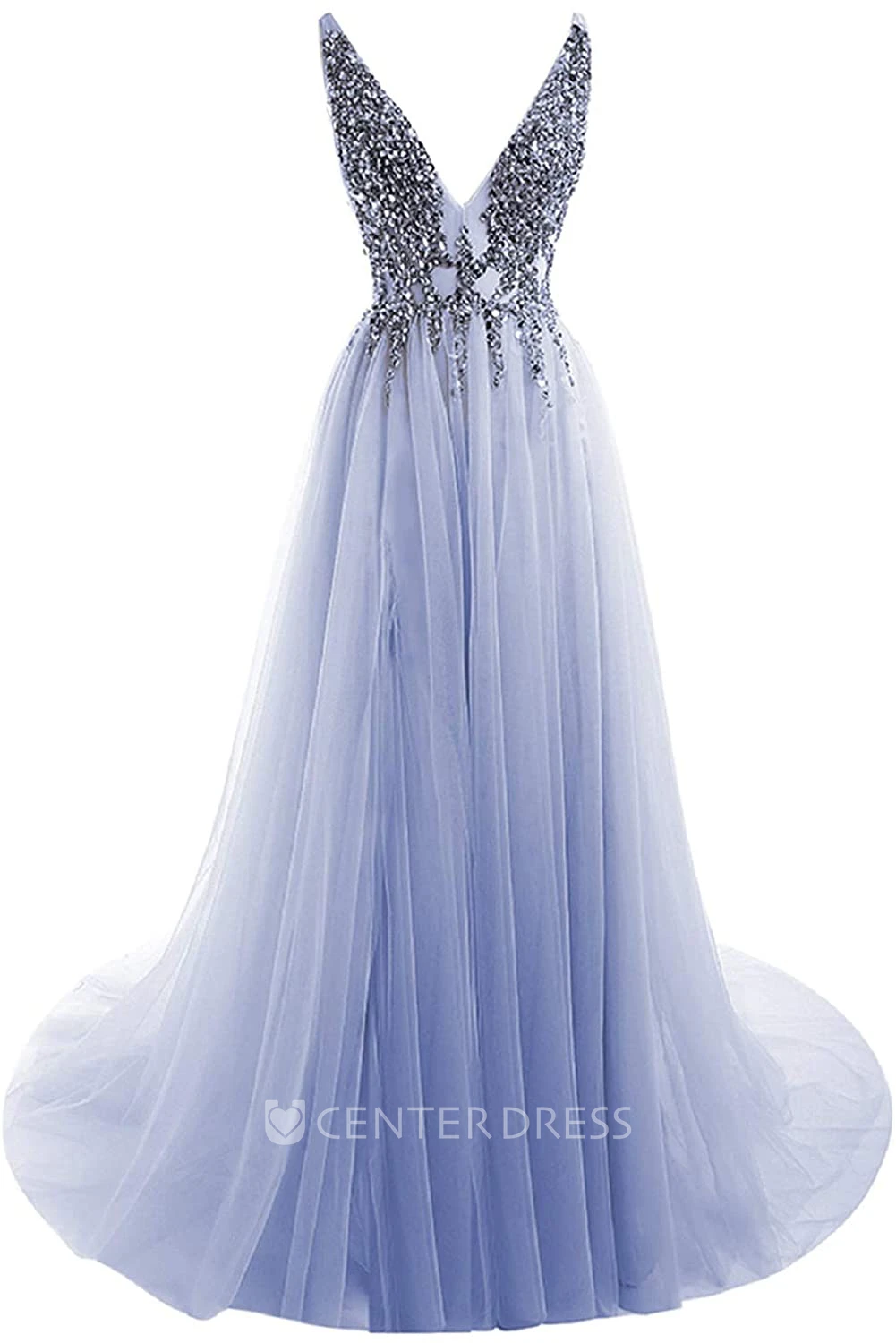 Tulle Floor-length Court Train V-neck A Line Sleeveless Prom Dress With Beading