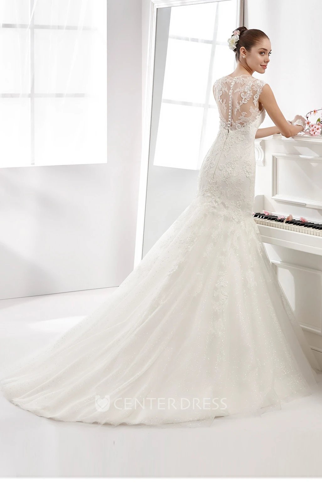 Cap-Sleeve Lace Wedding Gown With Illusive Neckline and Mermaid Style