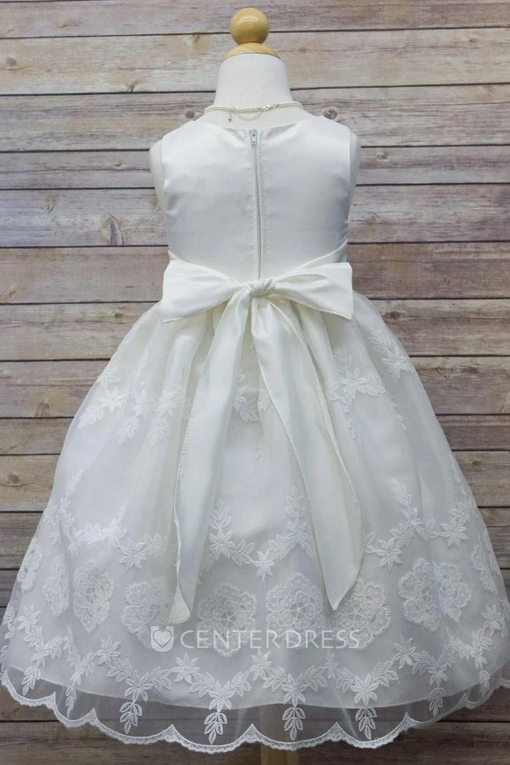 Floral Tea-Length Tiered Organza&Satin Flower Girl Dress With Embroidery