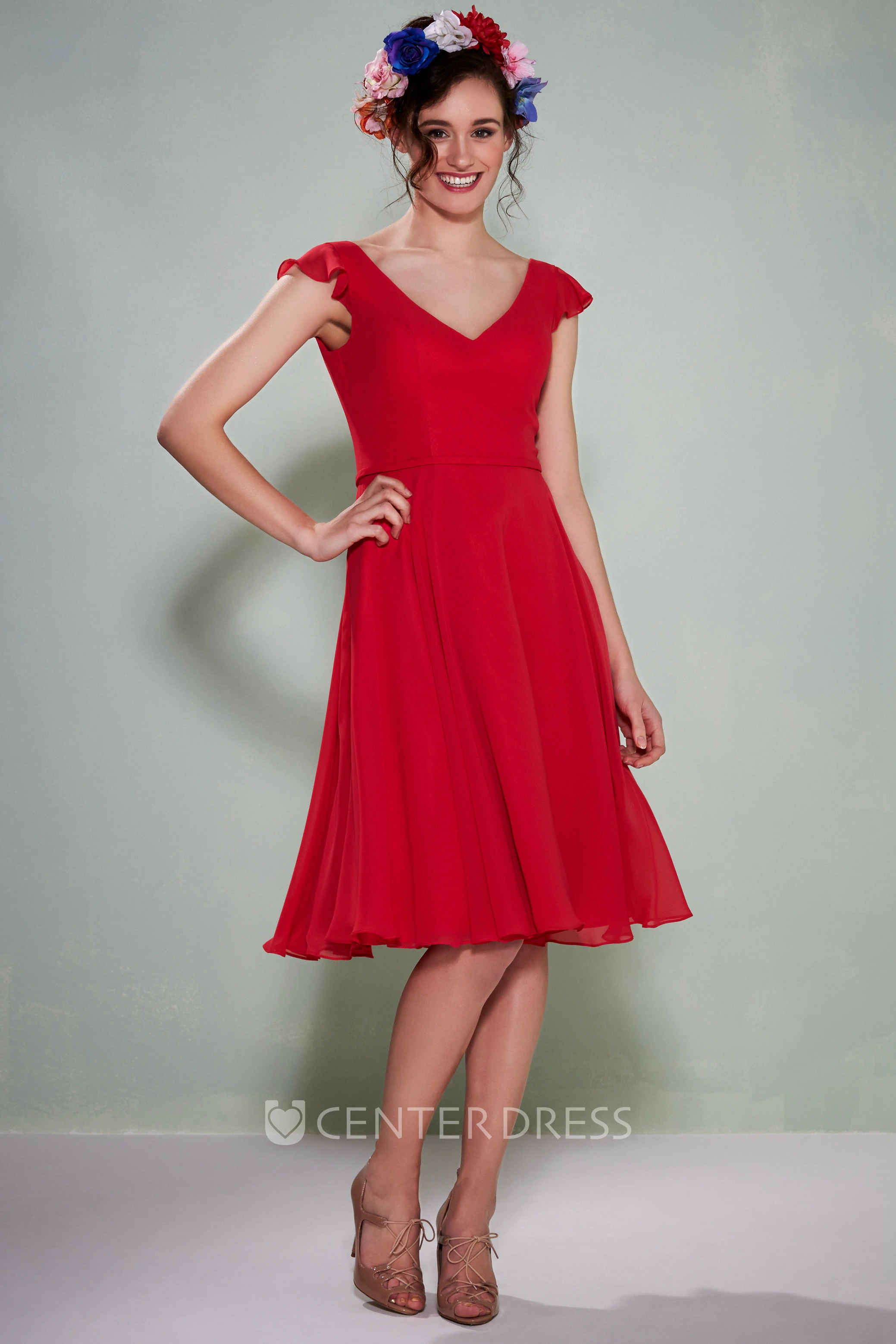 Knee-Length Cap Sleeve V-Neck Chiffon Bridesmaid Dress