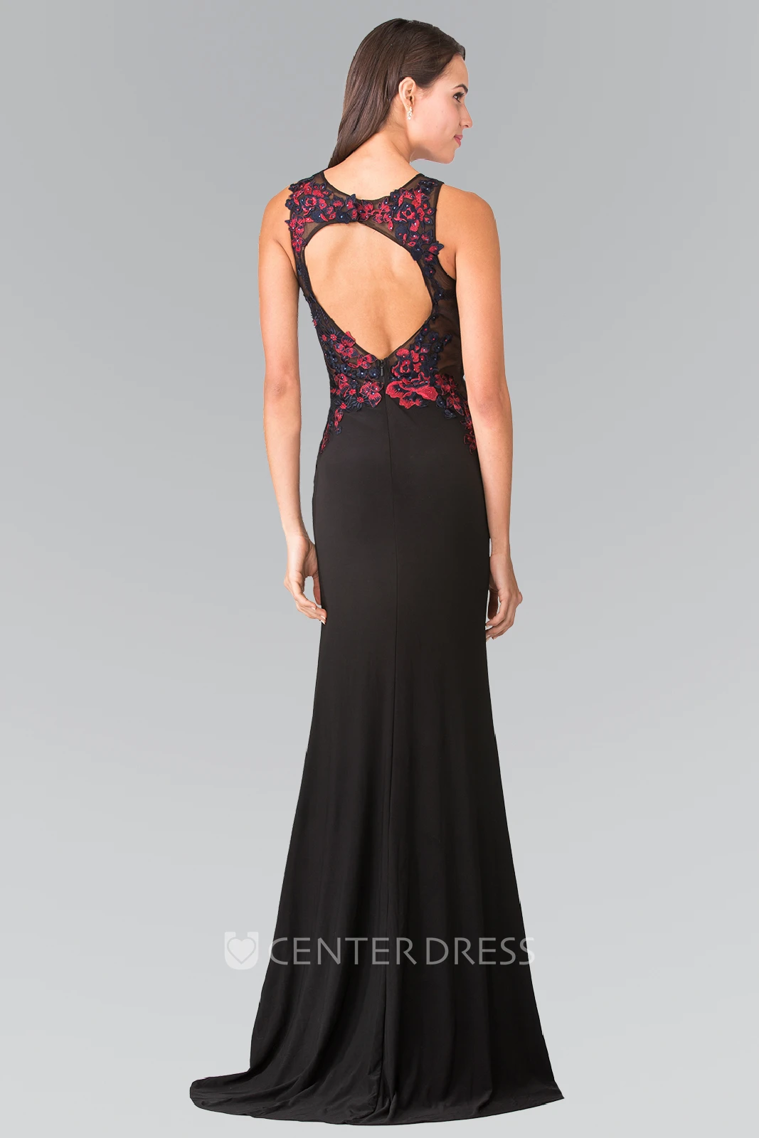 Sheath Scoop-Neck Sleeveless Jersey Keyhole Dress With Appliques