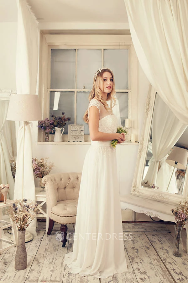 Sheath Scoop-Neck Cap-Sleeve Chiffon Wedding Dress With Illusion