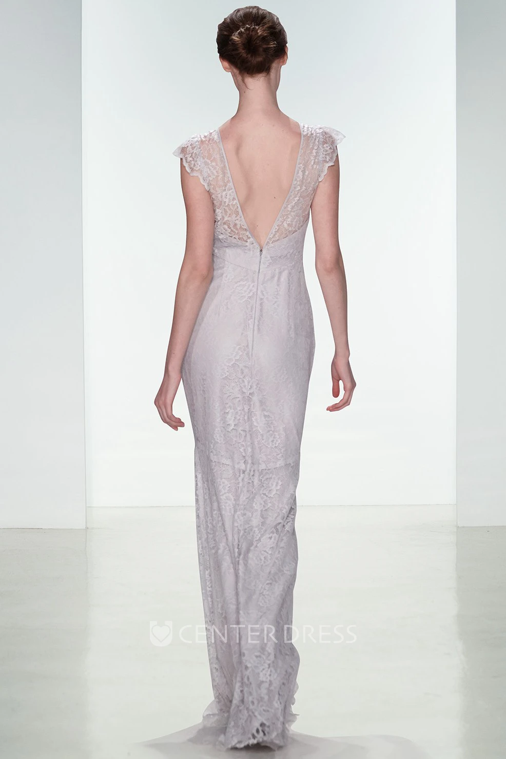 Sheath Appliqued Scoop Neck Cap Sleeve Lace Bridesmaid Dress With Deep-V Back