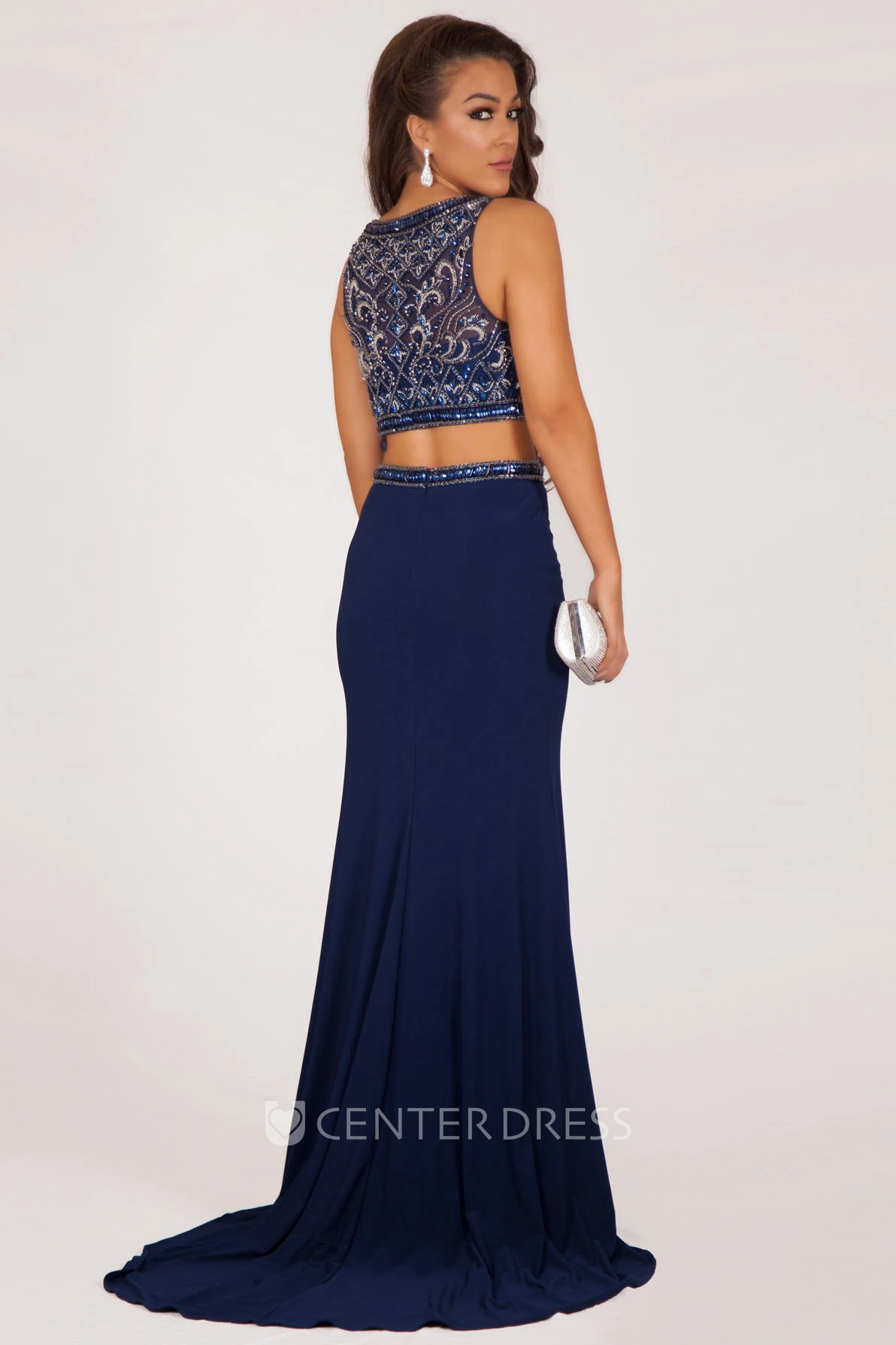 Sheath Sleeveless Floor-Length Scoop-Neck Beaded Jersey Prom Dress With Split Front