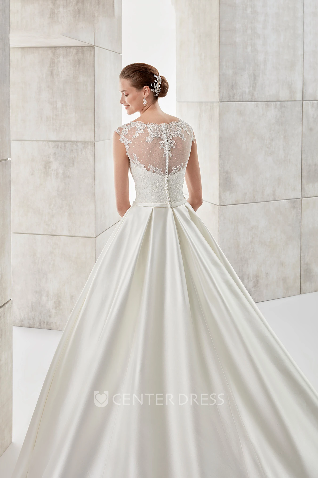 Scalloped-Neck Cap-Sleeve A-Line Satin Wedding Dress With Illusive Design And Brush Train