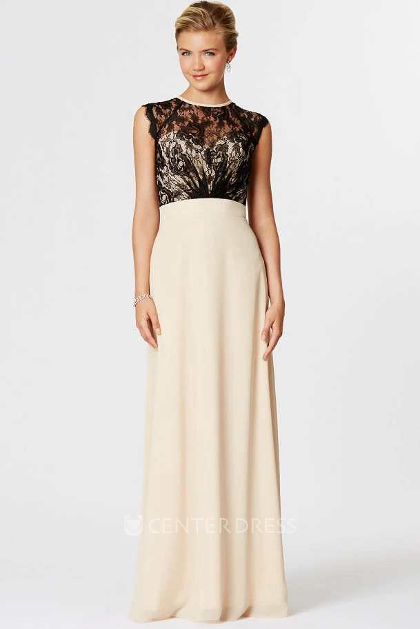 High Neck Lace Sleeveless Chiffon Bridesmaid Dress With Illusion Back