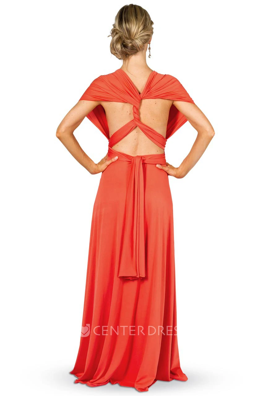 Maxi Ruched Sleeveless V-Neck Chiffon Convertible Bridesmaid Dress With Straps