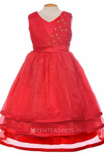 V-Neck Tea-Length Pleated Tiered Organza&Satin Flower Girl Dress With Ribbon