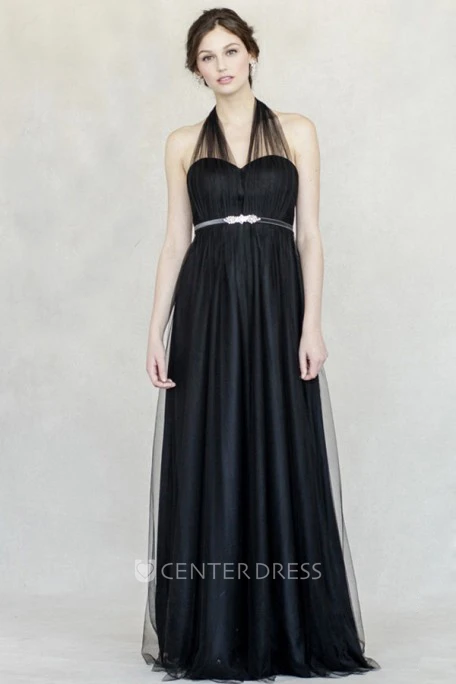 Sleeveless Empire Halter Jeweled Tulle Bridesmaid Dress With Straps