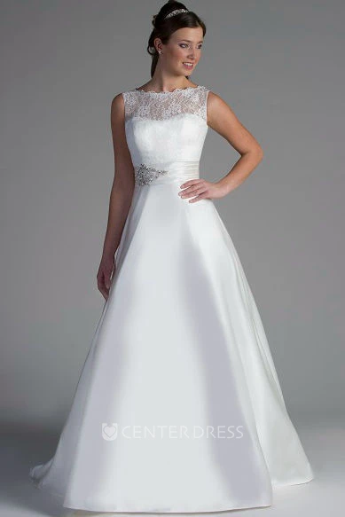 Bateau Neck Lace Top A-Line Satin Bridal Gown With Beading Sash