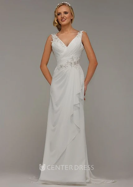Sheath Appliqued Long V-Neck Sleeveless Chiffon Wedding Dress With Draping And Ruching