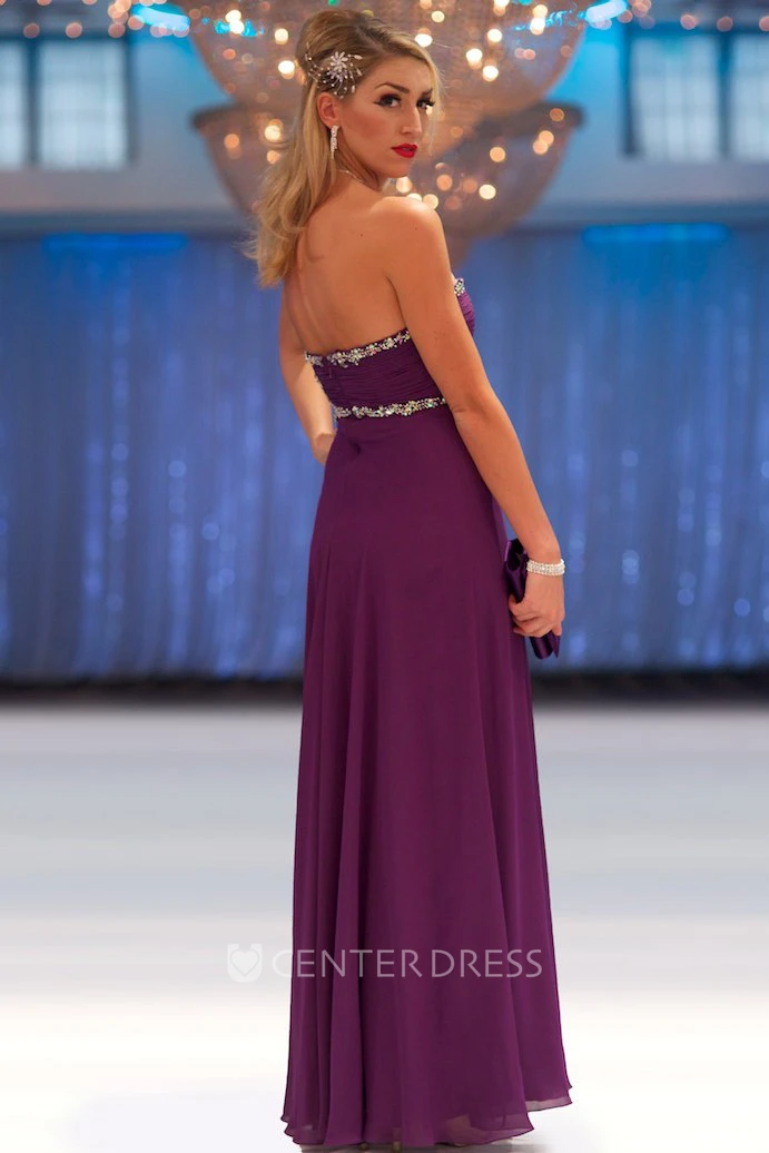 Floor-Length Sweetheart Sleeveless Ruched Chiffon Prom Dress With Beading