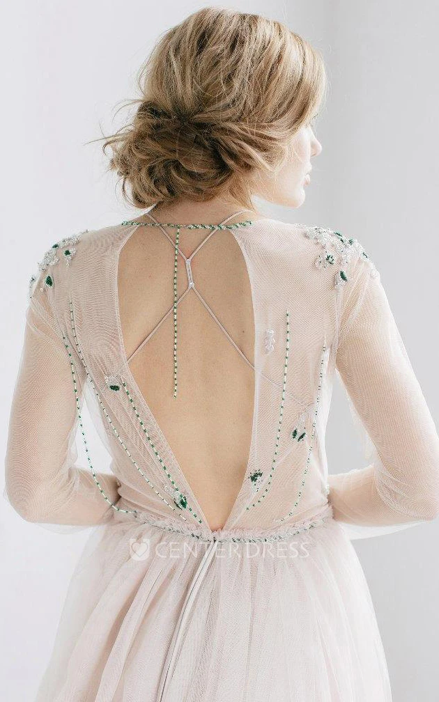 A-Line Tulle Half Sleeve Dress With Beading And Keyhole Back