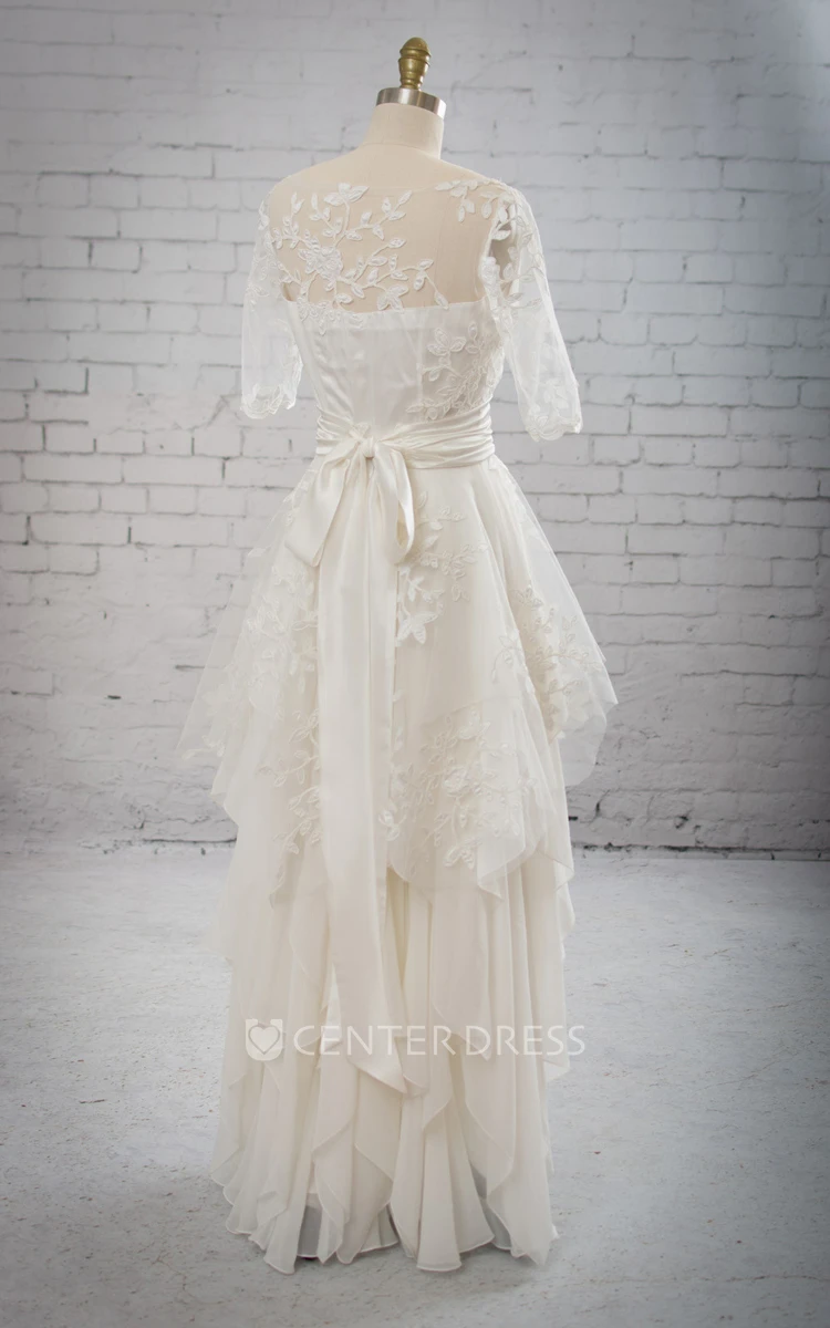Stunning Illsion Neck Half-sleeved Cascading Ruffled Dress With Removable Embriodery Peplum