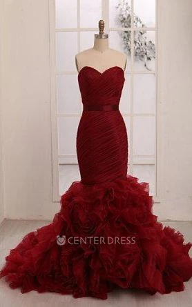 Mermaid Short Sweetheart Sleeveless Bell T-Shirt Pleats Tiers Cascading Ruffles Ruffles Brush Train Backless Organza Dress