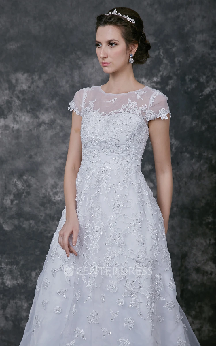Short Sleeve Tea-length lace Warm Wedding Dress