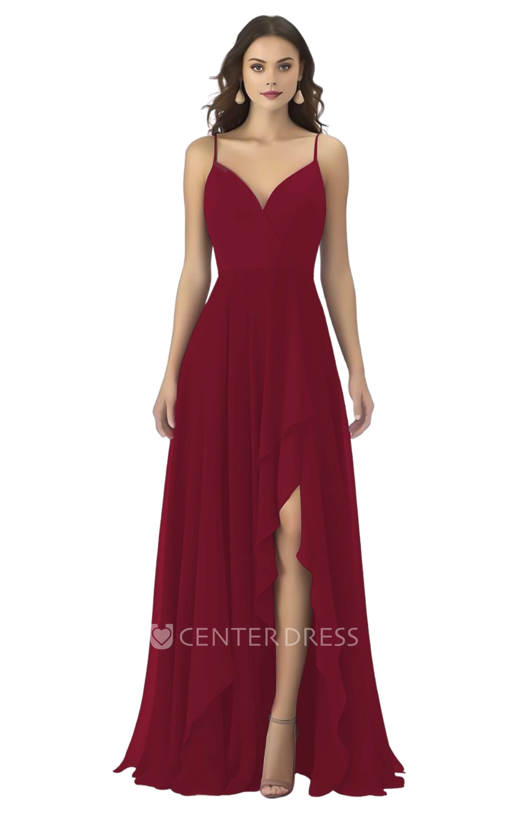 Bohemian A-Line Spaghetti Chiffon Bridesmaid Dress with Front Split Boho & Flowy