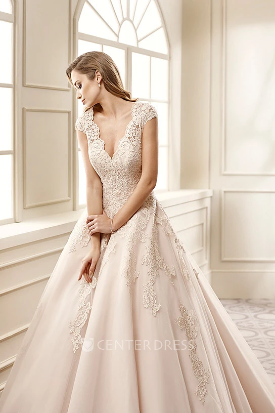 A-Line Appliqued V-Neck Cap-Sleeve Floor-Length Lace Wedding Dress With Pleats