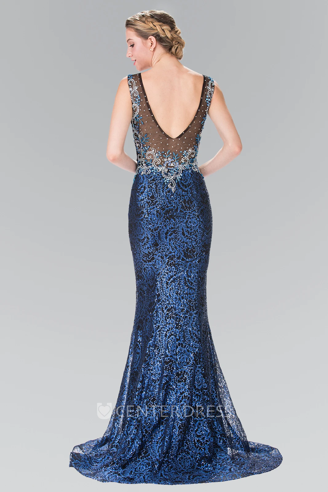 Sheath Maxi Scoop-Neck Sleeveless Sequins Low-V Back Dress With Lace And Beading