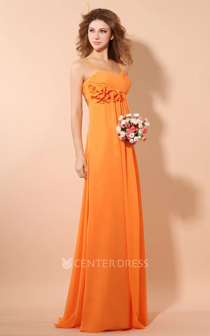 Empire Soft Flowing Fabric Pleated Dress With Ruching And Flower