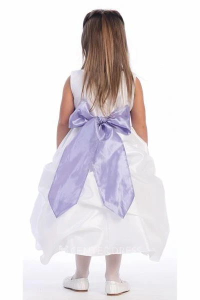 Tea-Length Floral Floral Ruched Taffeta Flower Girl Dress With Sash