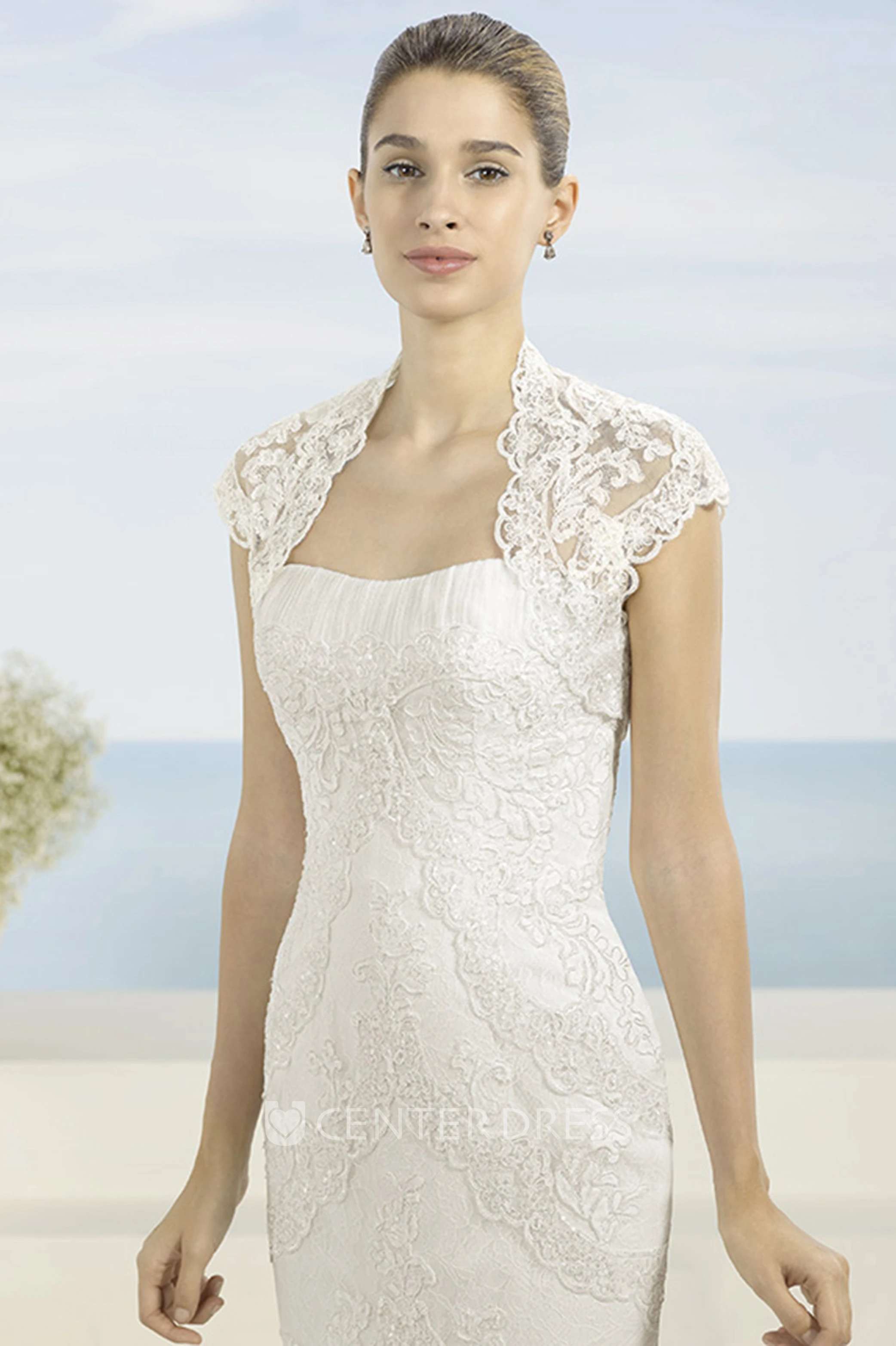 Sheath Cap-Sleeve Cascading-Ruffle Floor-Length Lace&Organza Spring Wedding Dress With Appliques And Backless Style