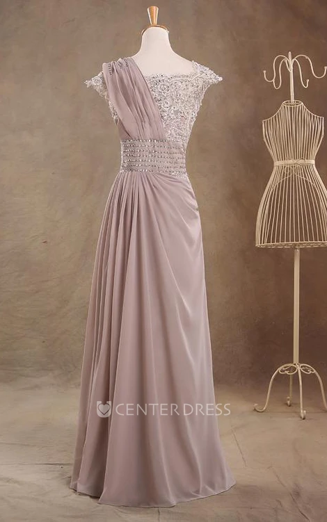 Jewel Cap Sleeve Empire Single Strap A-line Chiffon Long Dress With Beaded Top