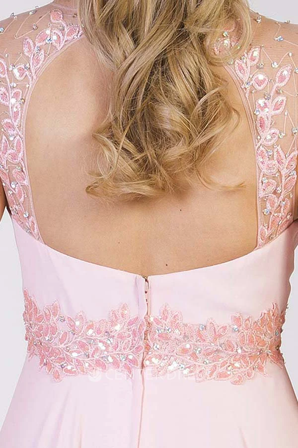A-Line Floor-Length Scoop Cap-Sleeve Appliqued Chiffon Prom Dress With Keyhole Back And Pleats