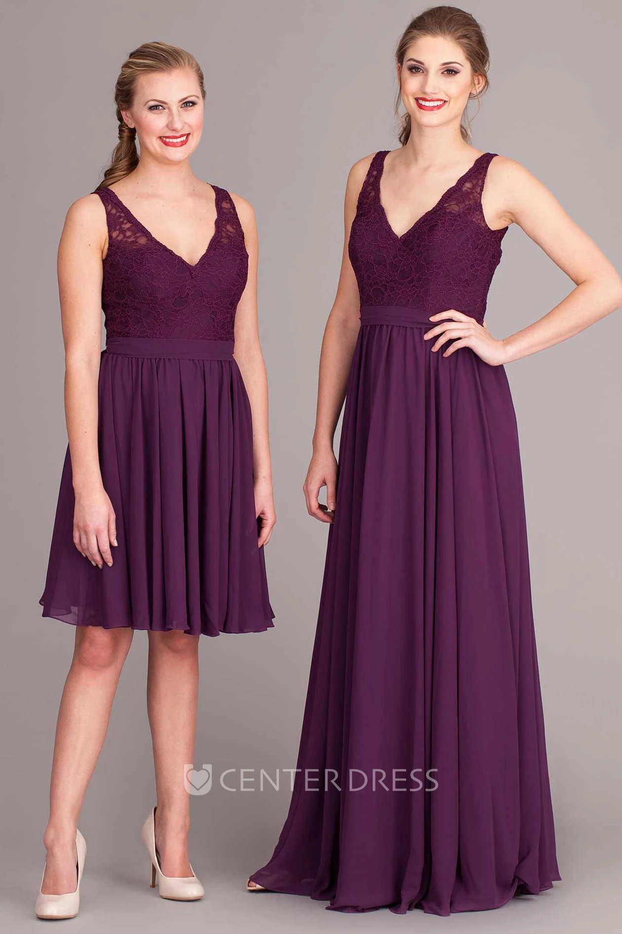 Mini V-Neck Lace Sleeveless Chiffon Bridesmaid Dress With Pleats