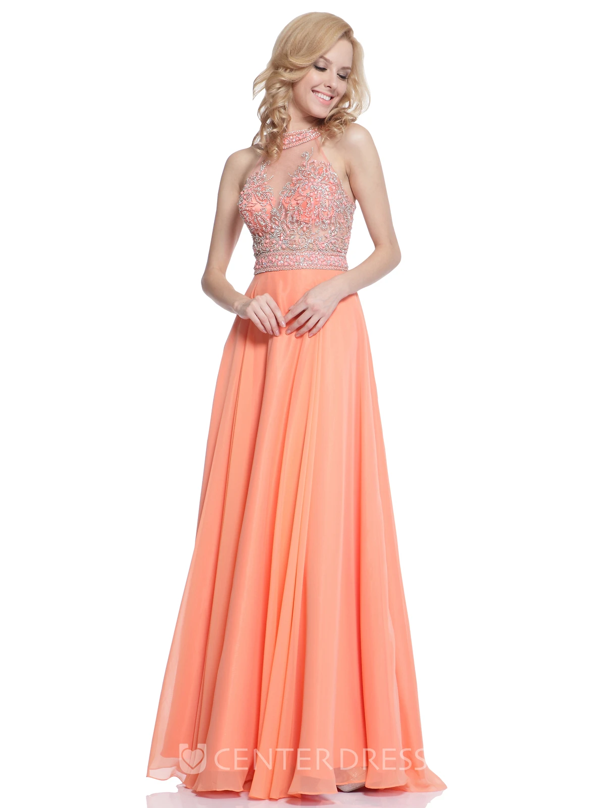 A-Line Jewel-Neck Sleeveless Chiffon Low-V Back Dress With Beading And Pleats