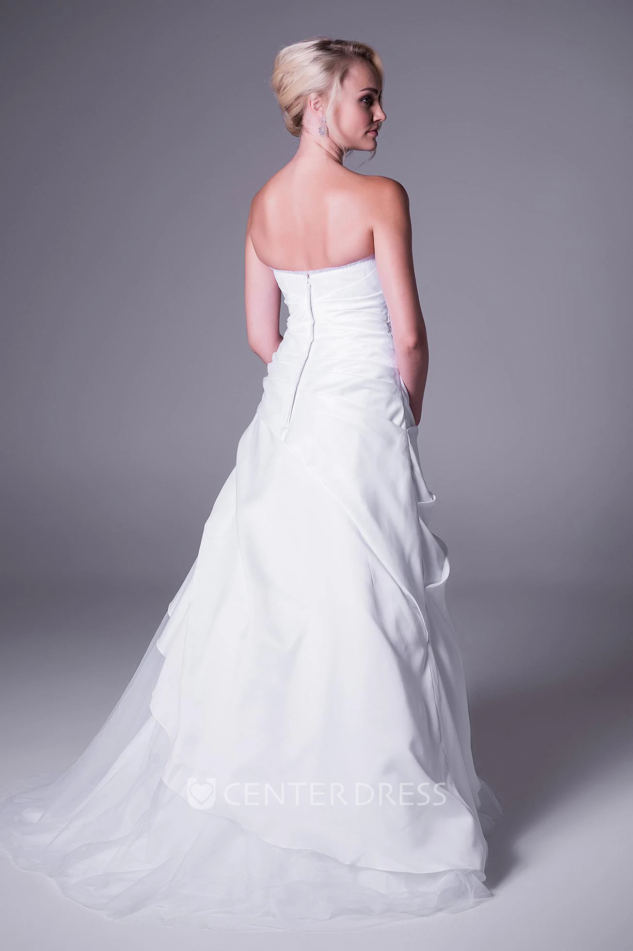 A-Line Sleeveless Draped Strapless Floor-Length Satin&Tulle Wedding Dress
