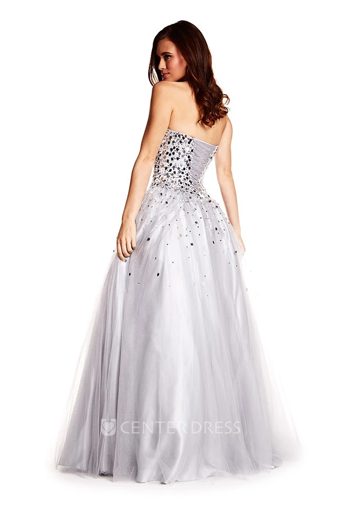 A-Line Sleeveless Floor-Length Sequined Sweetheart Tulle Prom Dress