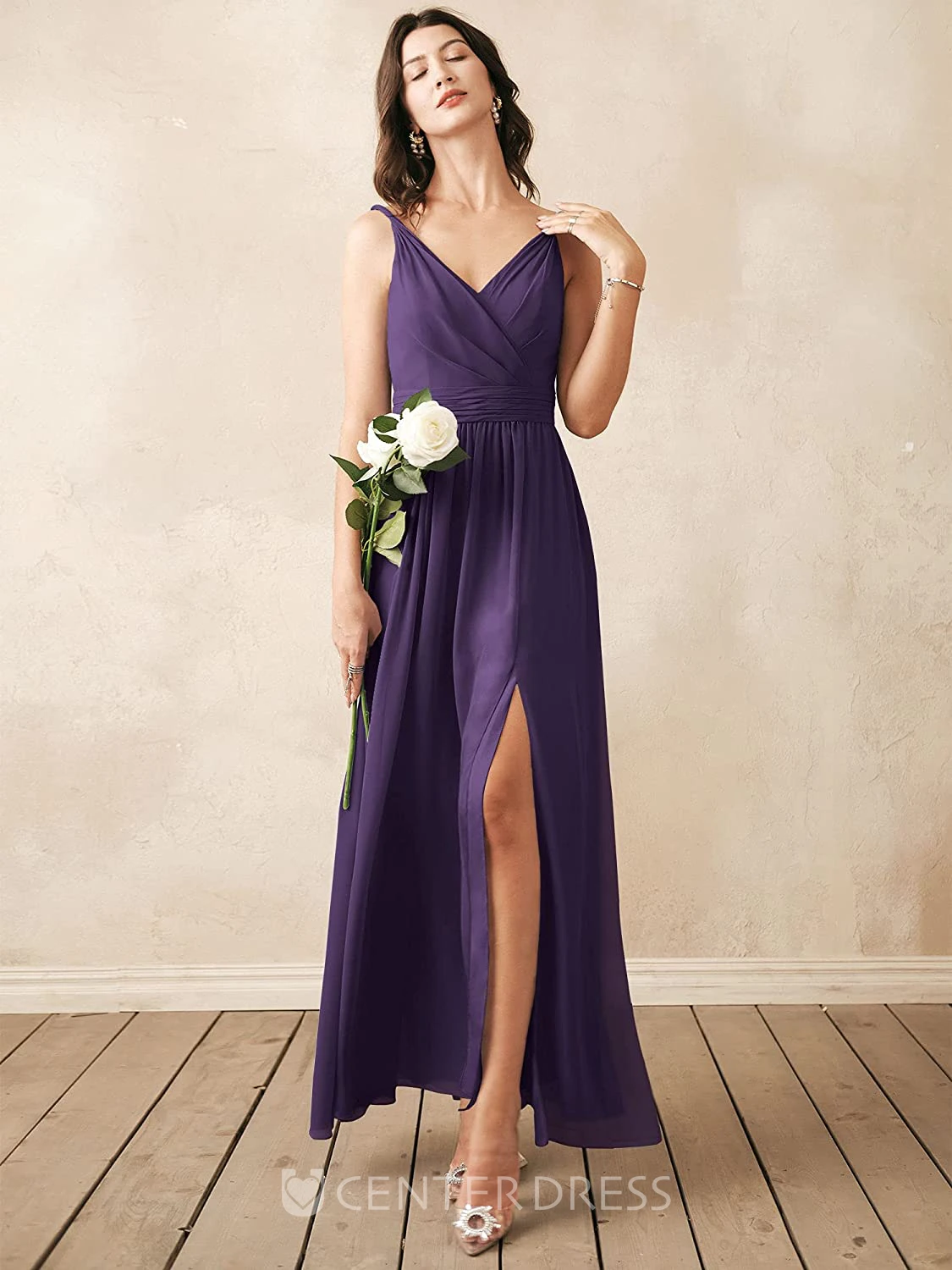 Romantic Chiffon Ankle-length V-neck A Line Sleeveless Bridesmaid Dress With Ruching
