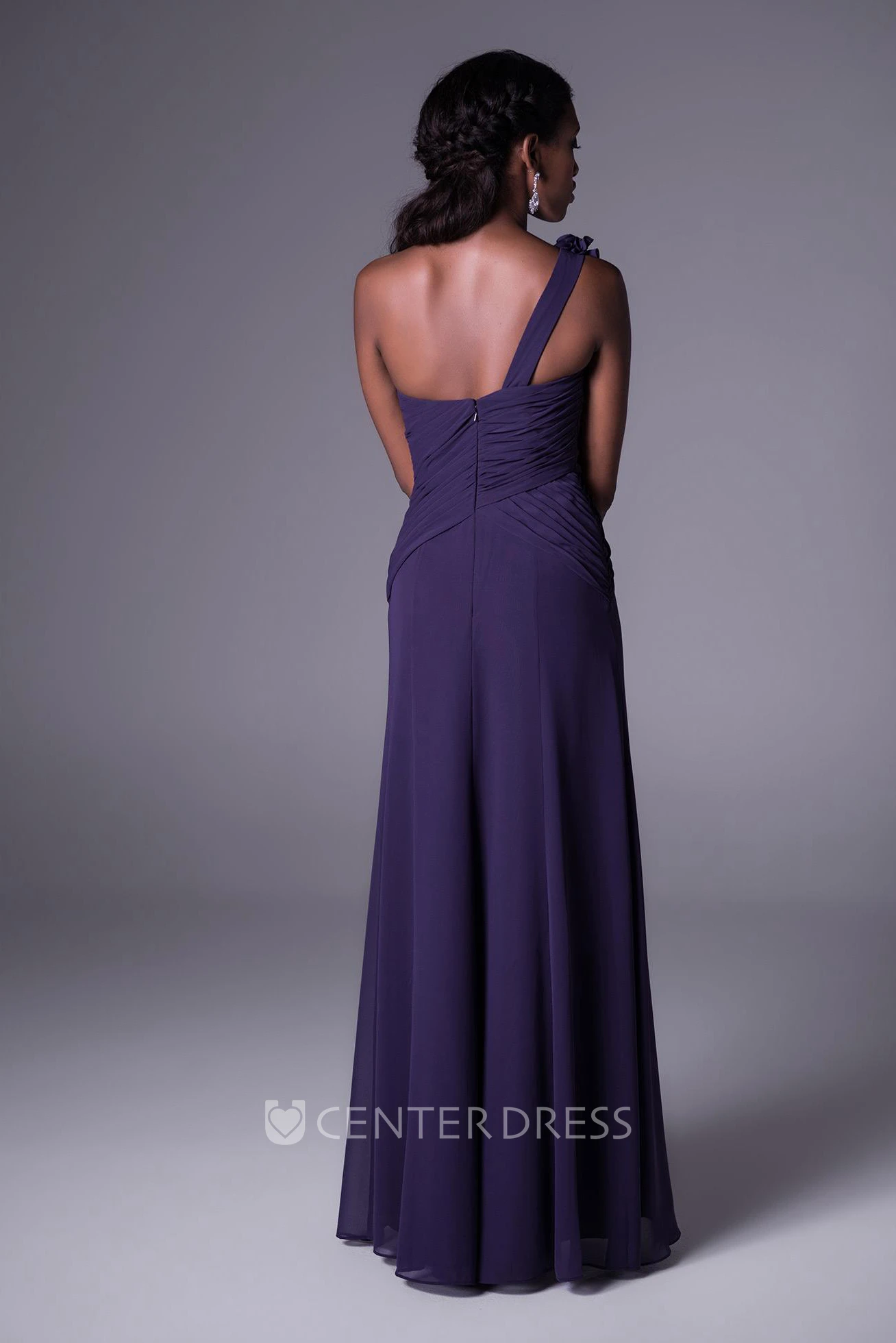Floral One-Shoulder Sleeveless Chiffon Bridesmaid Dress With Ruching