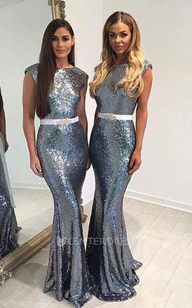 Mermaid Jewel Sleeveless Bell Cap Pleats Brush Train Backless Sequins Dress